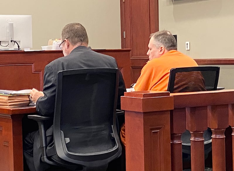 Defense attorney Chip Criswell of the DeKalb County Public Defender's Office speaks as Jeremy Westbrook, 50, of DeKalb, listens during a sentencing hearing on Thursday, Oct. 2, 2025, at the DeKalb County Courthouse in Sycamore. Judge Marcy Buick sentenced Westbrook to 96 years after he was found guilty of sexually assaulting a child repeatedly.
