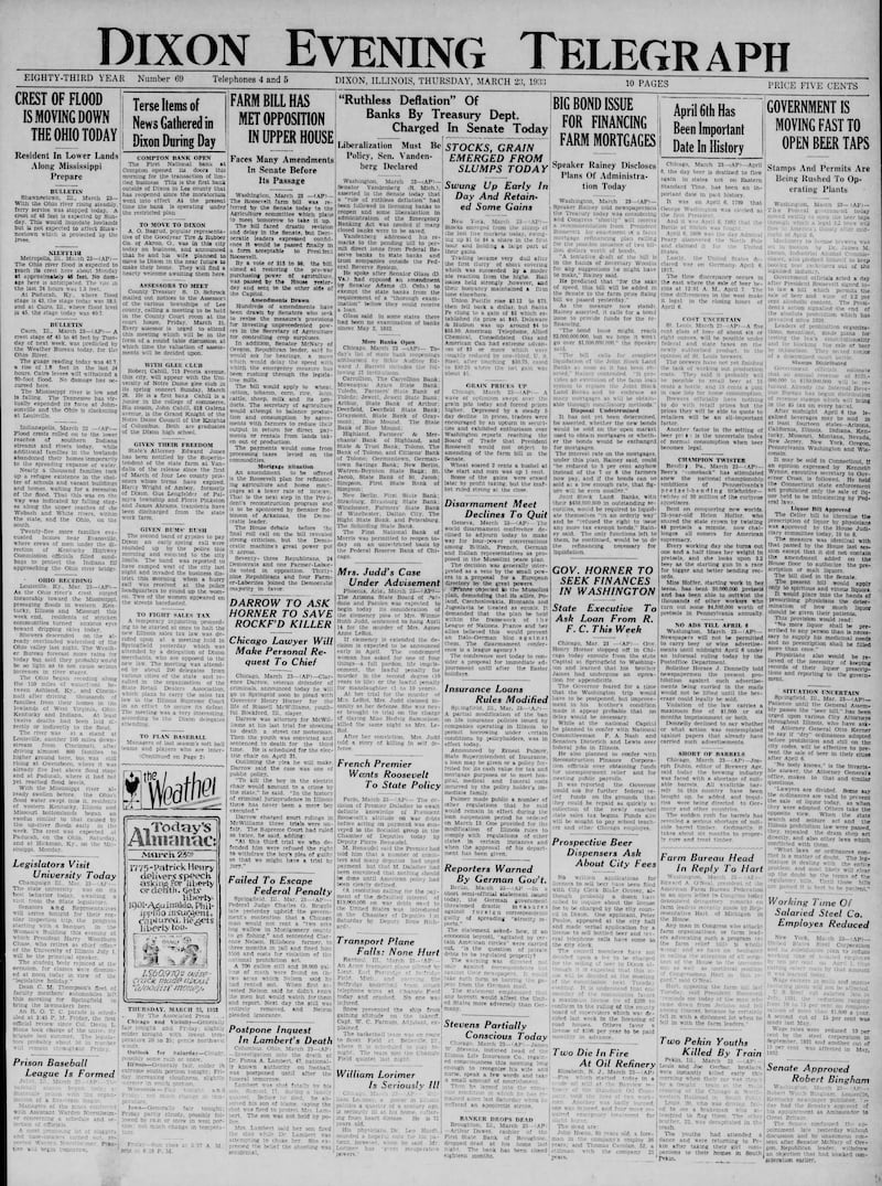 The cover of the Dixon Evening Telegraph for March 23, 1933