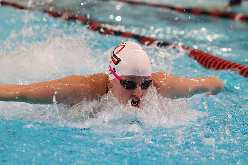 Bradley-Bourbonnais' Madeline Folk swims in the 200-yard medley relay during the Boilermakers' victory over Kankakee and Bishop McNamara in the All-City swim meet on Tuesday, Sept. 9, 2025.