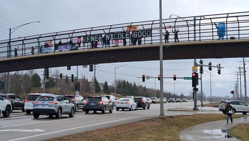 Groups hold an organized protest of the Jan. 7, 2026, fatal shooting of Renee Good by an ICE officer in Minneapolis on Saturday, Jan. 10, 2026, on the pedestrian bridge over Randall Road at Silver Glen Road in South Elgin.