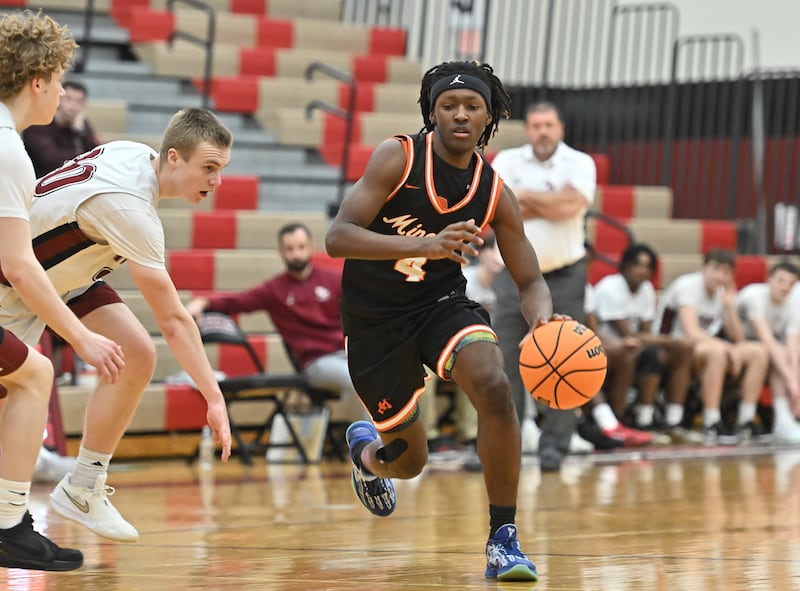 Minooka's Nehemiah Brown (4) in action during the conference game against Plainfield North on Friday, JAN. 30, 2026, at Plainfield.