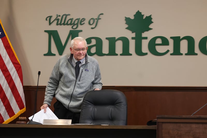 Manteno Mayor Tim Nugent pushes in his chair for the last time during the village board meeting on Monday, April 21, 2025.