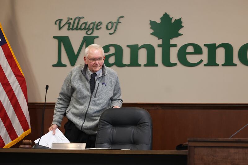 Manteno Mayor Tim Nugent pushes in his chair for the last time during the village board meeting on Monday, April 21, 2025.