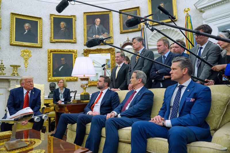 President Donald Trump speaks while meeting with Italy's Prime Minister Giorgia Meloni (unseen) in the Oval Office of the White House, Thursday, April 17, 2025, in Washington, as Vice President JD Vance, Treasury Secretary Scott Bessent and Defense Secretary Pete Hegseth listen. (AP Photo/Alex Brandon)