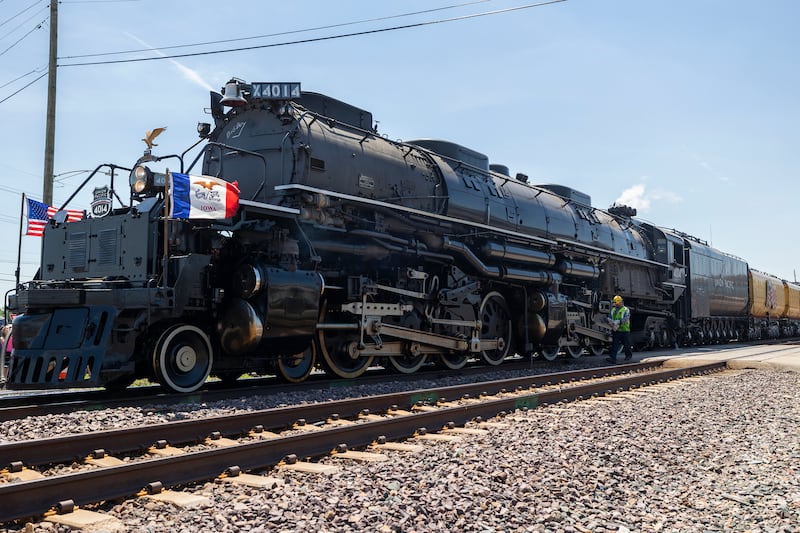Union Pacific Big Boy 4014 pulls in for a whistle stop Tuesday, June 2, 2026, in Sterling, during its cross-country trip.