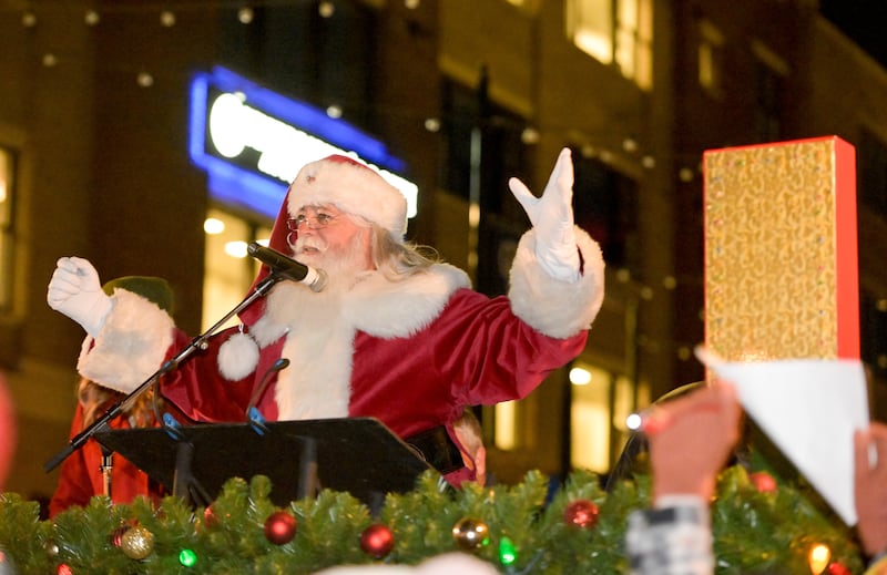 Santa helps celebrate the Lighting of the Lights at 1st Street Plaza on Friday, Nov 28, 2025 in St. Charles.
