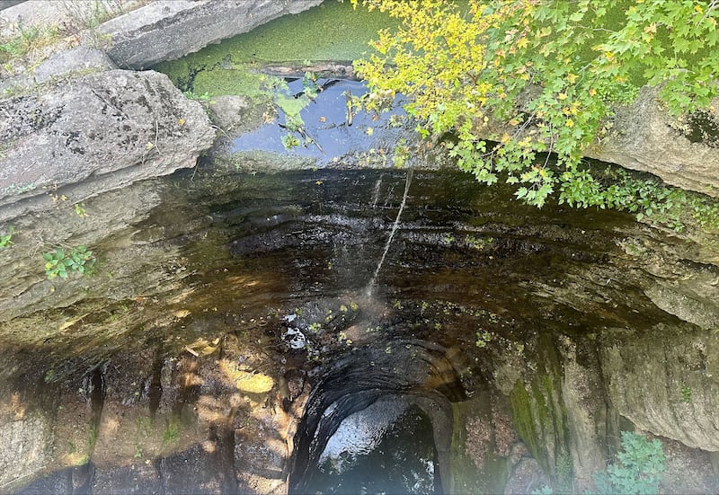 A small trickle of water falls down Lake Falls at Matthiessen State Park on Wednesday, Sept. 17, 2025 near Oglesby. A lack of rainfall has caused waterfalls to dry up at Matthiessen and Starved Rock State Parks.