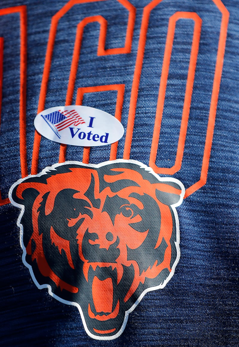 A “I Voted” stickers on a voters Bears shtirt after voting at the Algonquin Township Office at 3702 Route 14 in Crystal Lake, to vote on Tuesday, Feb. 25, 2025, in the Republican primary election.