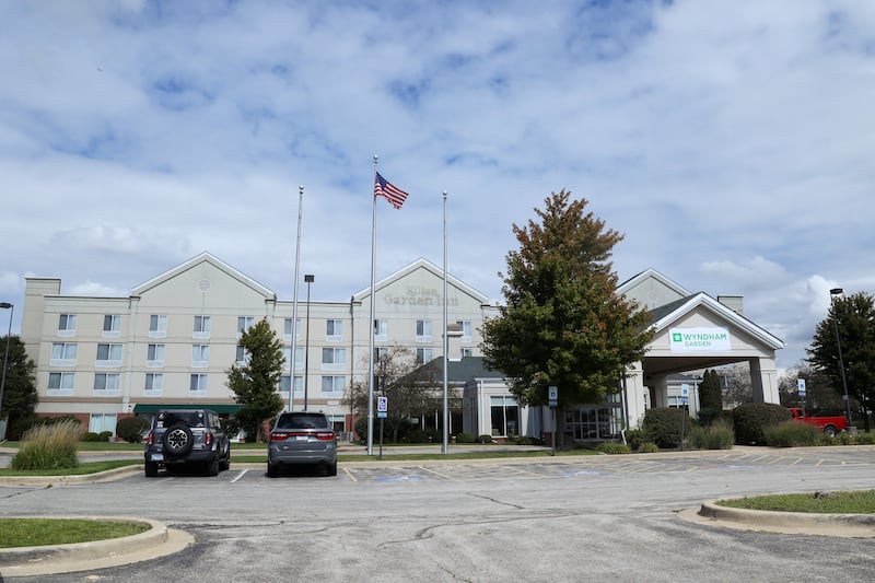 A Wyndham Garden banner hangs on the entrance to the former Hilton Garden Inn in Kankakee where the Hilton signage is removed on Sept. 25, 2025.