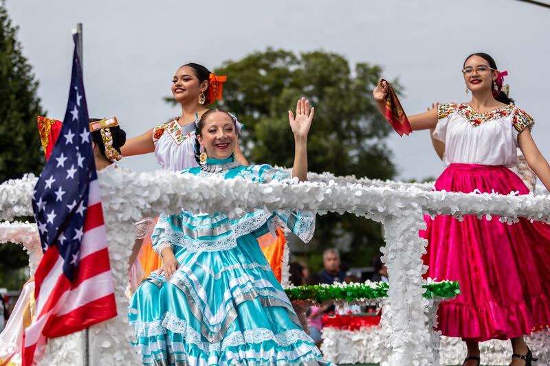 La Academia, a Mexican dance academy, participates in the City of Joliet Fiestas Patrias Mexican Independence Day Parade on Sept. 13, 2025.