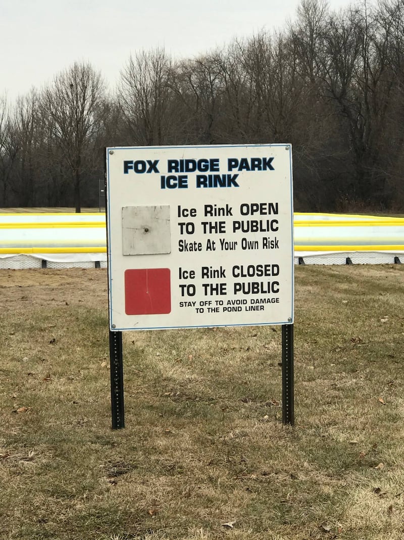 This 2019 photo shows the sign at Fox Ridge Park, letting residents know when the rink is closed to to warmer temperatures. The rink was closed early in 2026 because of vandalism.