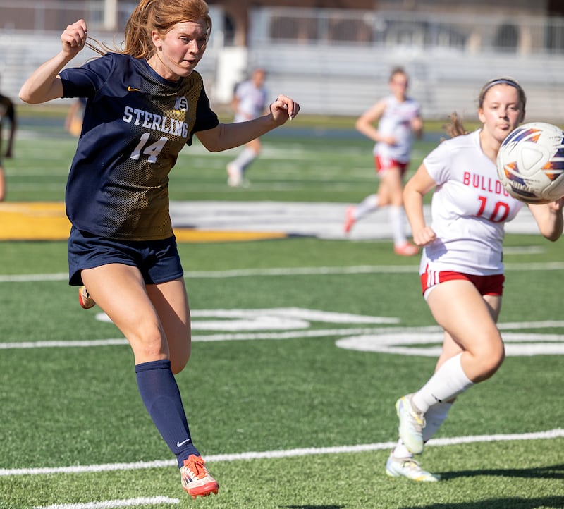 Sterling’s Delia Block chases the ball against Streator Friday, May 15, 2026, during the Class 2A regional soccer quarterfinal.
