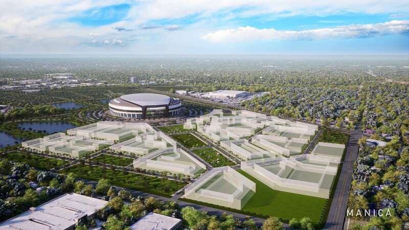 Manica Architecture's conceptual rendering of the Bears' stadium-anchored redevelopment in Arlington Heights was released in September 2025.