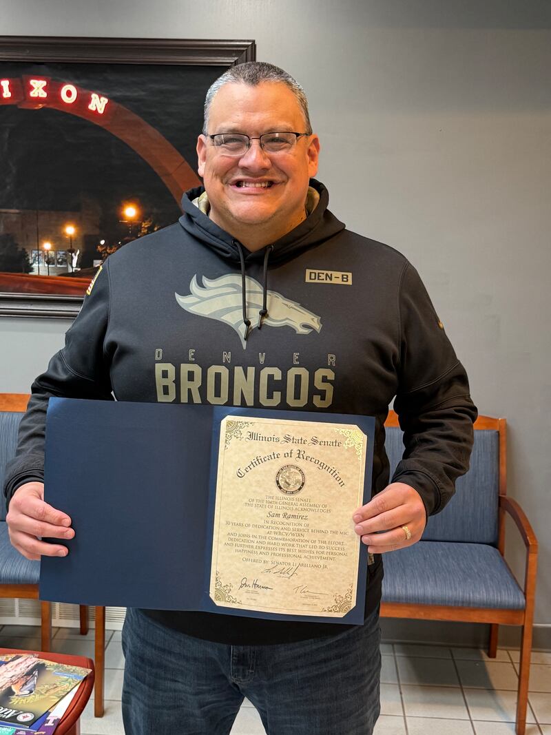 Sam Ramirez, program director of Dixon’s WIXN 95.1 and 1460 AM, River Country 101.7 and The Rock 95.7, received a certificate of recognition from the Illinois State Senate for his three decades behind the mic.