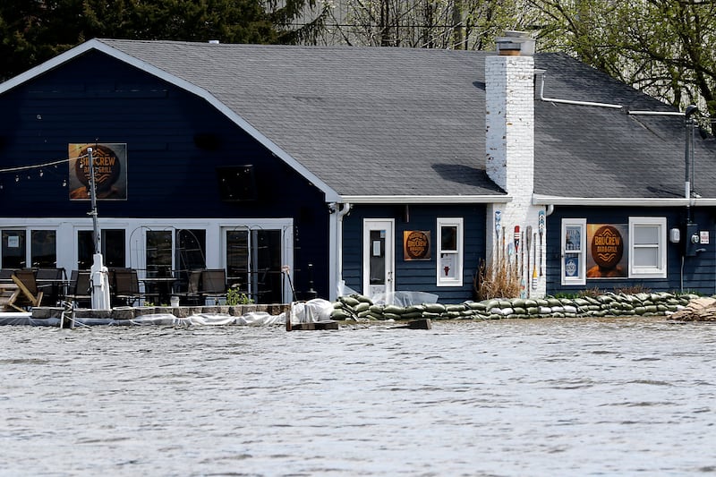 Water around the Bru Crew Bar and Grill on Sunday, April 19, 2026, in Johnsburg while the Fox River continues to rise.