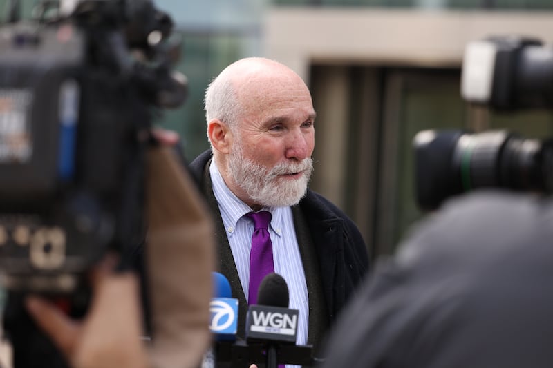 Joel Brodsky, a former attorney for convicted killer Drew Peterson, talks to the media on Wednesday, March 6, outside the Will County Courthouse in Joliet.
