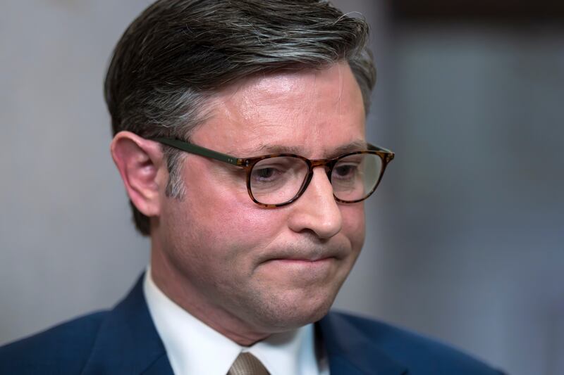 Speaker of the House Mike Johnson, R-La., pauses as he blames the government shutdown on Democrats during a news conference at the Capitol in Washington, Thursday, Oct. 2, 2025. (AP Photo/J. Scott Applewhite)