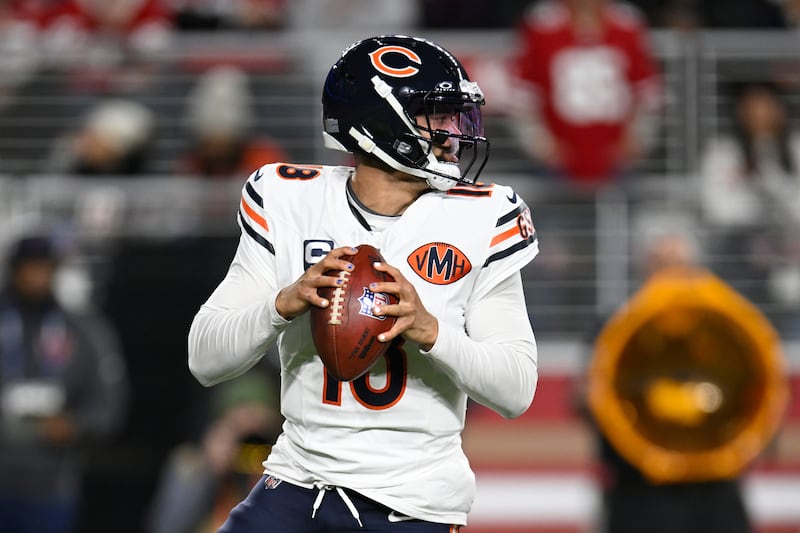 Chicago Bears quarterback Caleb Williams (18) drops back to pass against the San Francisco 49ers during the first half of an NFL football game in Santa Clara, Calif., Sunday, Dec. 28, 2025. (AP Photo/Eakin Howard)