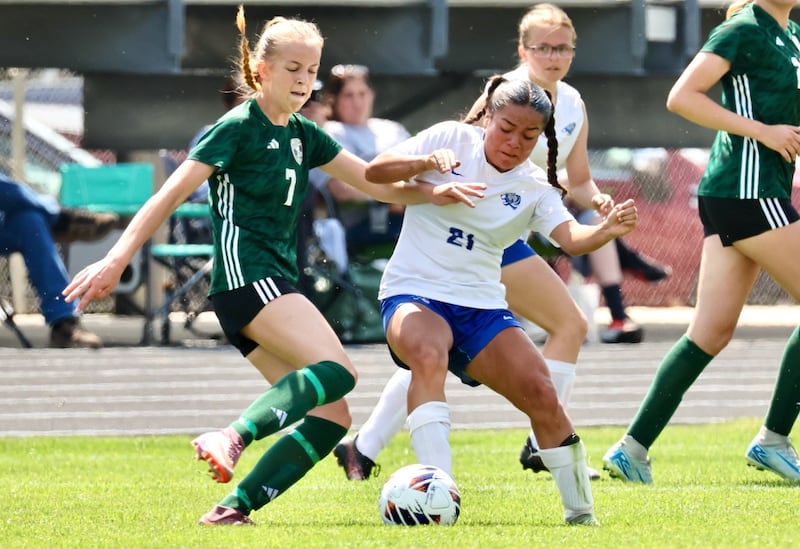 Princeton's Yocelyn Robledo battles Alleman's Anna Mayerhofer during the regional finals at Bryant Field. Robledo anchored the Tigresses’ defense that had 10 shutouts this season and coach David Gray said her contributions are hard to “quantify." She is the 2026 BCR Girls Soccer Player of the Year.