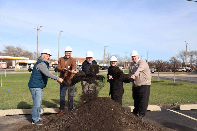 Woodstock officials shovel dirt at a Route 47 widening groundbreaking in Woodstock Tuesday, April 7, 2026.