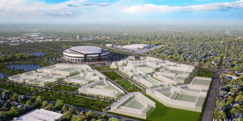 A conceptual image of a domed Chicago Bears stadium in Arlington Heights