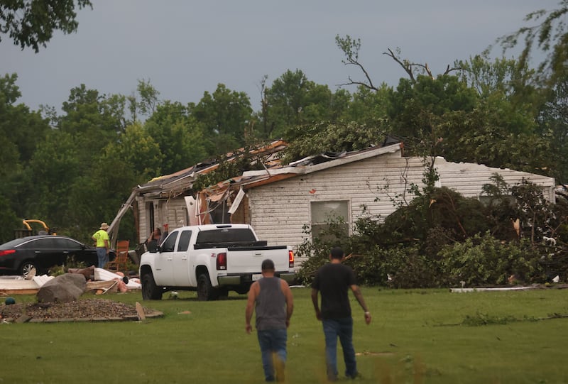 A home is leveled from a tornado across from Vactor Manufacturing near Aqueduct Road on Thursday, June 11, 2026 in Streator.
