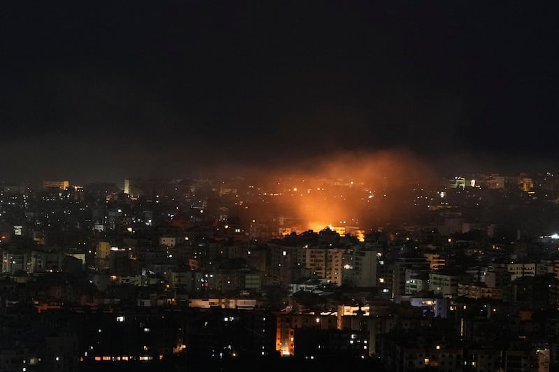 Flames rise following an Israeli airstrike in Dahiyeh, Beirut's southern suburbs, Lebanon, Friday, March 6, 2026. (AP Photo/Hassan Ammar)