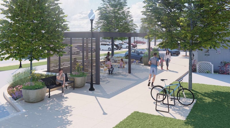 One of the five flexible amenity areas planned for downtown Downers Grove would be located on Burlington Avenue near the entrance to the library
