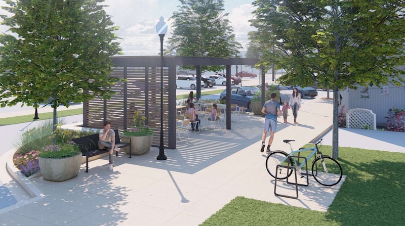 One of the five flexible amenity areas planned for downtown Downers Grove would be located on Burlington Avenue near the entrance to the library