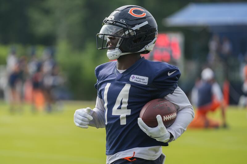 Chicago Bears wide receiver Olamide Zaccheaus (14) during practice at NFL football training camp Thursday, July 24, 2025, in Lake Forest, Ill. (AP Photo/Erin Hooley)