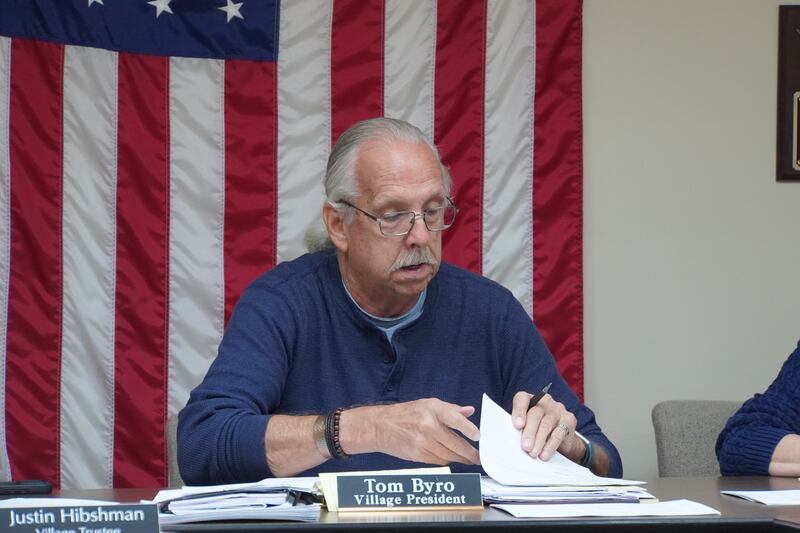 Creston Village President Tom Byro participates in a meeting on Tuesday, Oct. 7, 2025 at Creston Village Hall.