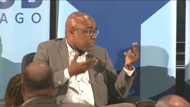 Illinois Attorney General Kwame Raoul answers questions during a luncheon interview at the City Club of Chicago on April 1, 2025.