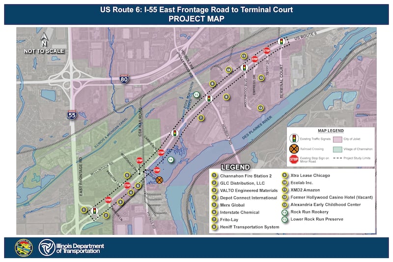 The Project Map for the U.S. Route 6 Study aimed at identifying improvements to Route 6 between Interstate 55 East Frontage Road to Terminal Court near Joliet and Channahon in Will County.