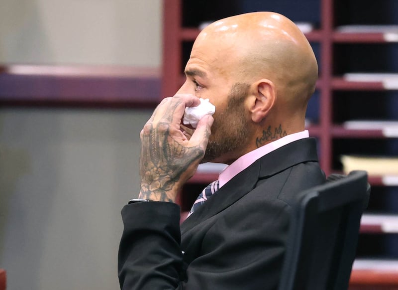 Nathan P. Sweeney, 45, of DeKalb, becomes emotional as members of his family testify on his behalf Tuesday, Aug. 26, 2025, during his sentencing hearing at the DeKalb County Courthouse in Sycamore. Sweeney received 14 years for driving under the influence and causing the 2024 crash that killed sheriff’s deputy, veteran and mother Christina Musil.