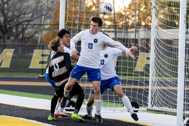 Lincoln-Way Central's Aidan Wotczak scores a goal during the 3A Joliet West Sectional boys varsity soccer match against Lincoln-Way East at Joliet West on Oct. 29, 2025.