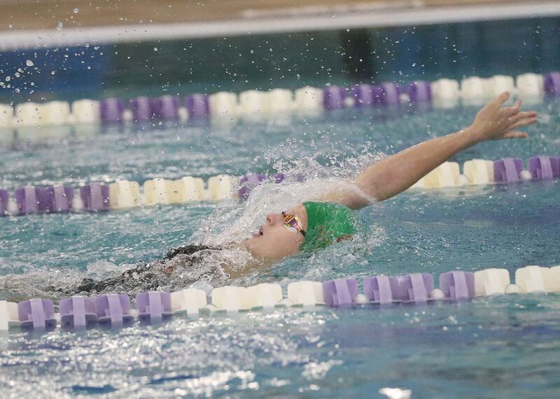 L-P co-op's Sam Nauman competes in the 100 yard backstroke during a swim meet on Wednesday, Sept. 24, 2025 at the Illinois Valley YMCS in Peru.