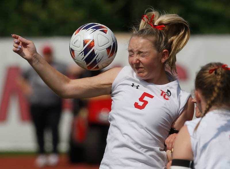 Timothy Christian's Samantha Drye heads the ball in the IHSA Class 1A State Girls Soccer third-place match against Williamsville on Friday, June 6, 2025, at North Central College in Naperville.