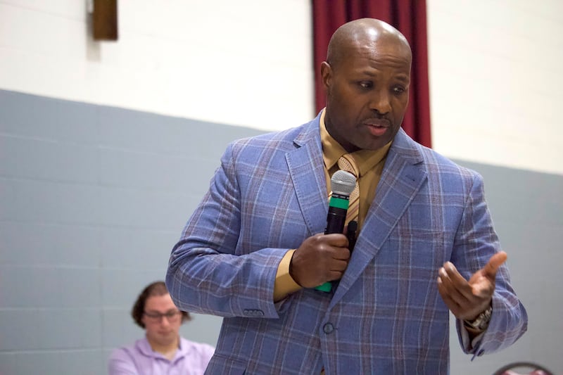 Will County Sheriff's Sgt. Patrick Jones speaking to the audience on Wednesday, Jan. 28, 2025 at the community center at St. John's United Church of Christ in Mokena.