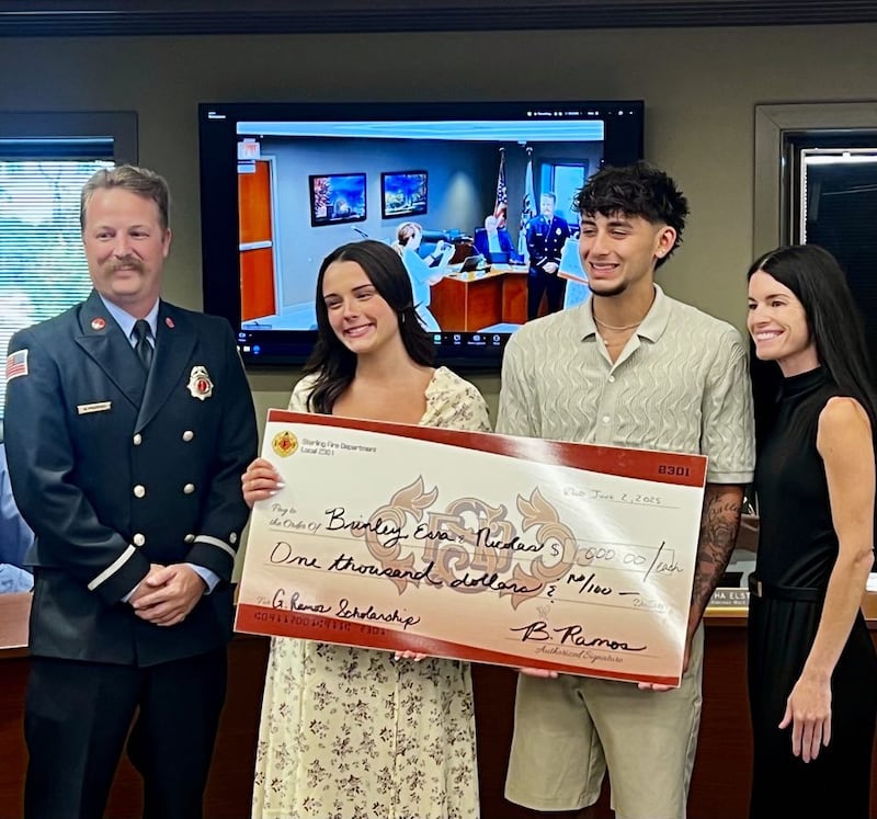 Left to right: Sterling Fire Department's Lieutenant Vincent Morris; Sterling High School students Nico Battaglia and Brinley Francis; and Brittney Ramos. Battaglia and Francis were the recipients of the 2025 Garrett Ramos Scholarship, started by fallen Sterling firefighter Garrett Ramos before his death.