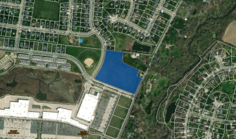 An 8.29-acre site, pictured in blue, located within the Heartland Meadows West area of the Kendall Marketplace area in Yorkville, is being planned for the development of a senior living community.