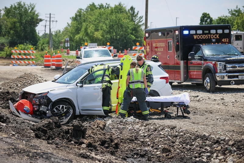 A head-on car crash in a construction zone at routes 47 and 176 in Woodstock caused both cars to crash into separate ditches on June 10, 2026.