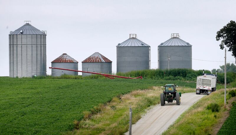 A farmer drives his tractor past a soybean field toward grain storage bins.