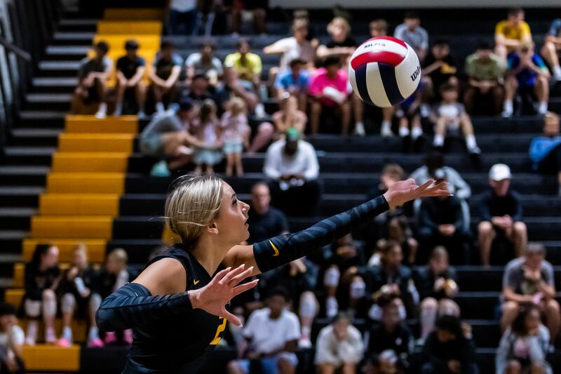 Joliet West's Lexie Grevengoed serves during a varsity volleyball home game against Lincoln-Way West on Sept. 15, 2025.