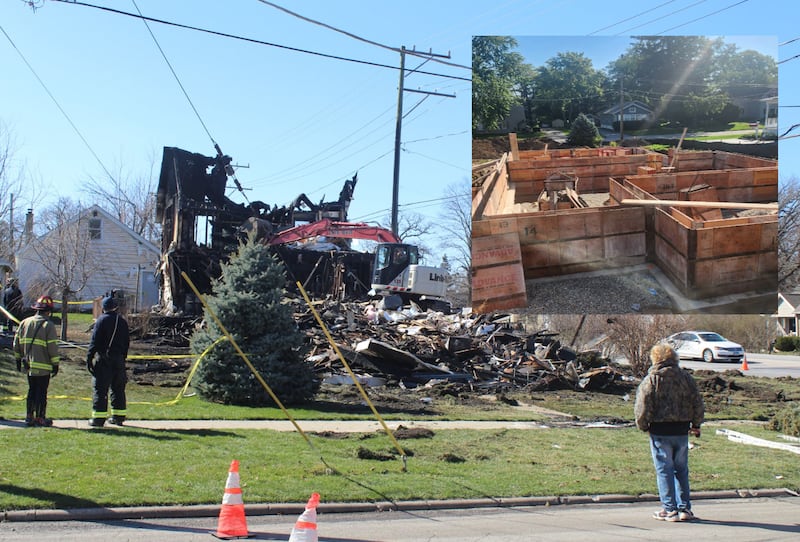 The rebuilding of Last Chance sober-living house in Crystal Lake begins to take shape (inset) following a devastating fire in March 2024 that left just a burned-out shell.
