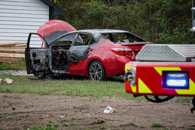 Harvard Fire Protection District and McHenry County Sheriff's deputies respond to car fire in Harvard 2:30 p.m. Oct. 13, 2025.