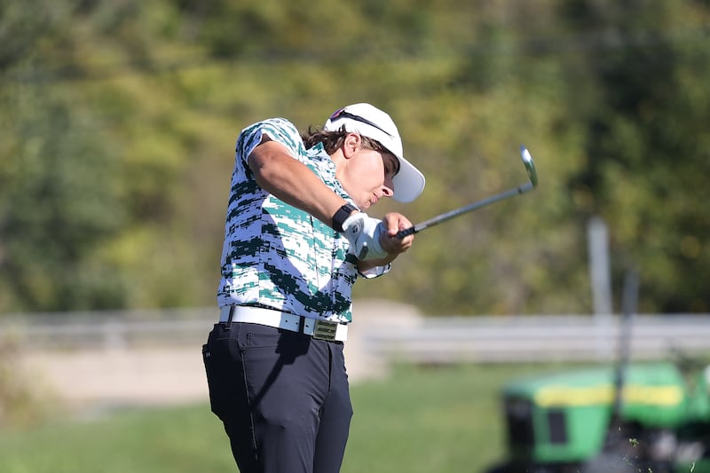 Providence’s Jonathan Schlender tees off the 15th hole in the Class 2A Lemont Boys Golf Sectional on Monday, Oct. 7, 2024 at Wedgewood Golf Course in Lemont.