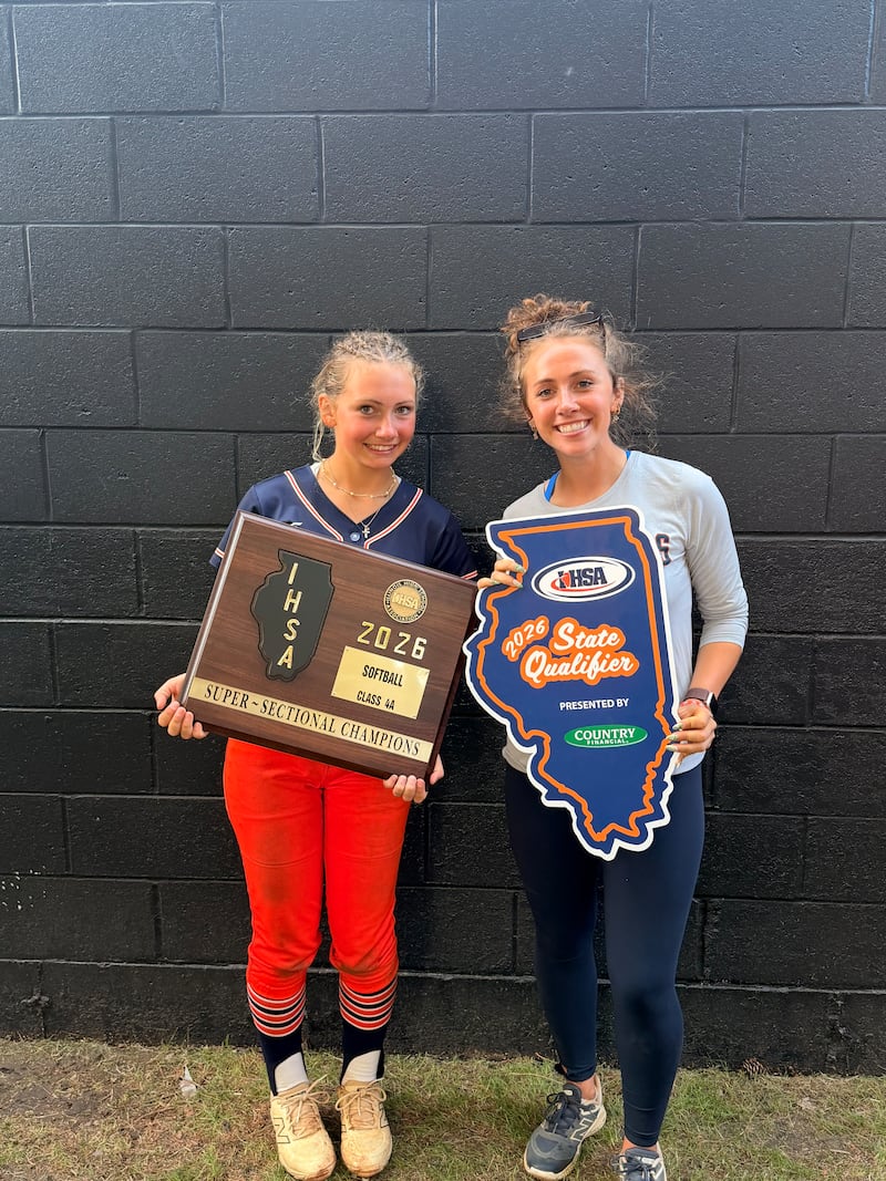 Oswego freshman third baseman Sophie Morland (left) and sister Hailey Morland (right), a 2019 Oswego graduate in her fourth year as assistant coach, are together as the Panthers return to state for the third straight year.