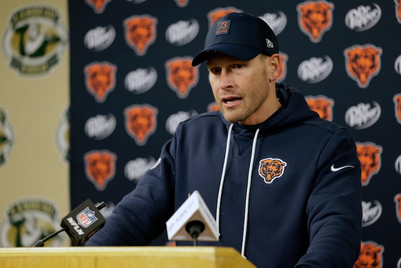 Chicago Bears head coach Ben Johnson speaks during a news conference after an NFL football game against the Green Bay Packers, Sunday, Dec. 7, 2025, in Green Bay, Wis. (AP Photo/Matt Ludtke)
