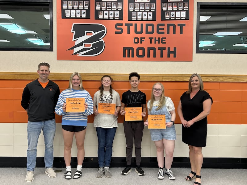 Byron High School Students of the Month for April were recently named. Pictured from left to right are Byron High School Principal Andrew Donaldson, Hadley Dolan (ninth grade), Aura Martin (10th grade), Iñaki Paulino (11th grade), Maddie Smith (12th grade) and Stillman Bank Retail Office Manager Renae Stevens. Each student received a gift card for their achievement.