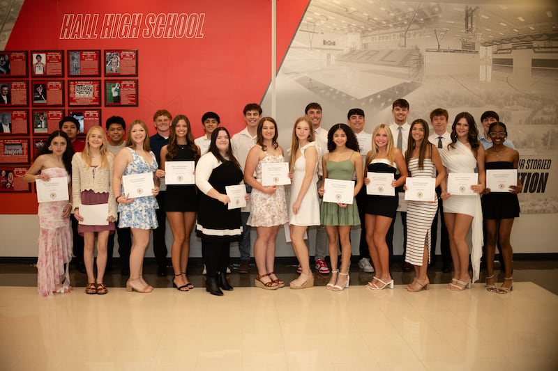 Twenty-three Hall High School students received Comendations Towards Biliteracy recognition. (From left) Back row: Marco Lopez, Alex Robles, Gabe Wamhoff, Joseph Caracheo, Chase Burkart, Braden Curran, Jack Curran, Clayton Fusinetti, Chris Hollenbeckand Aiden Redcliff
Front row : Ava Talbot, Maya Cohrs, Ava Diaz, Katharine Doll, Alexis Garncarz, Sydney Mautino, Emma McCook, Aubrey Merkel, Charlie Pellegrini, Haven Rossi, Ella Sartain and Sydnie Smith